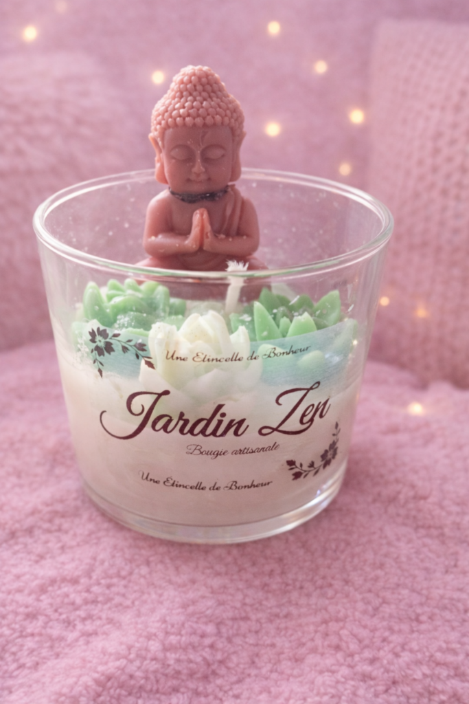Bougie parfumée jardin zen avec décoration bouddha artisanale