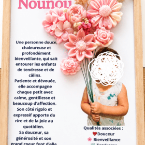 Cadre personnalisé Nounou, maman, papa, prénom, marraine, parrain avec message sur ses qualités, décoré de fleurs en cire de soja parfumée dans des tons rose et pêche