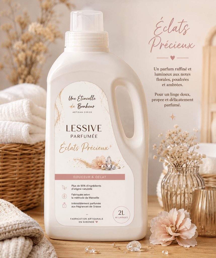Lessive parfumée artisanale Éclats Précieux en flacon de 2 litres, présentée avec des fleurs séchées et des accessoires textiles
