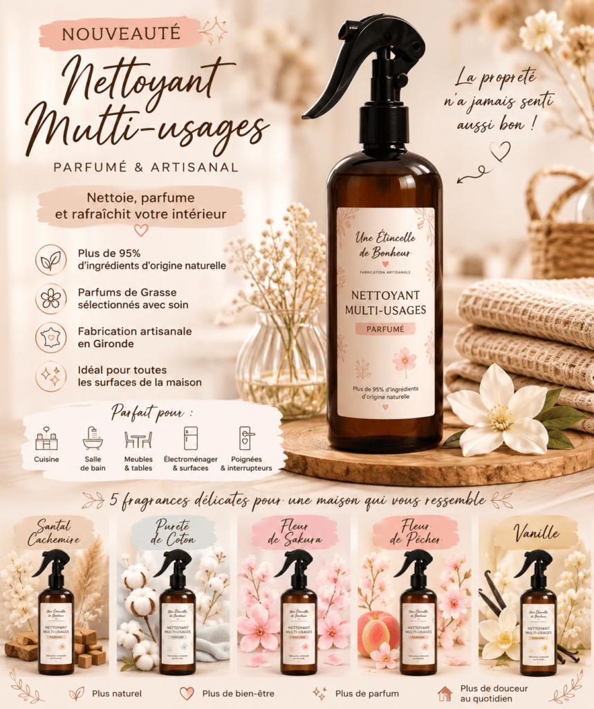 Nettoyant multi-usages parfumé et artisanal Une Étincelle de Bonheur, présenté dans un flacon ambré avec cinq parfums au choix